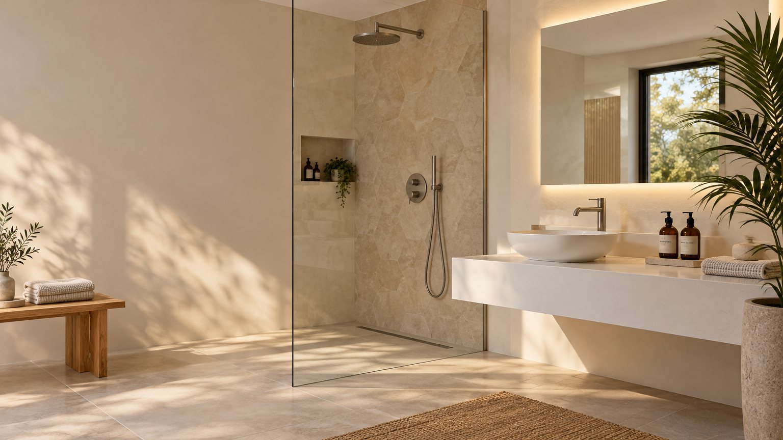 Baño moderno con azulejo hexagonal, lavabo suspendido y planta