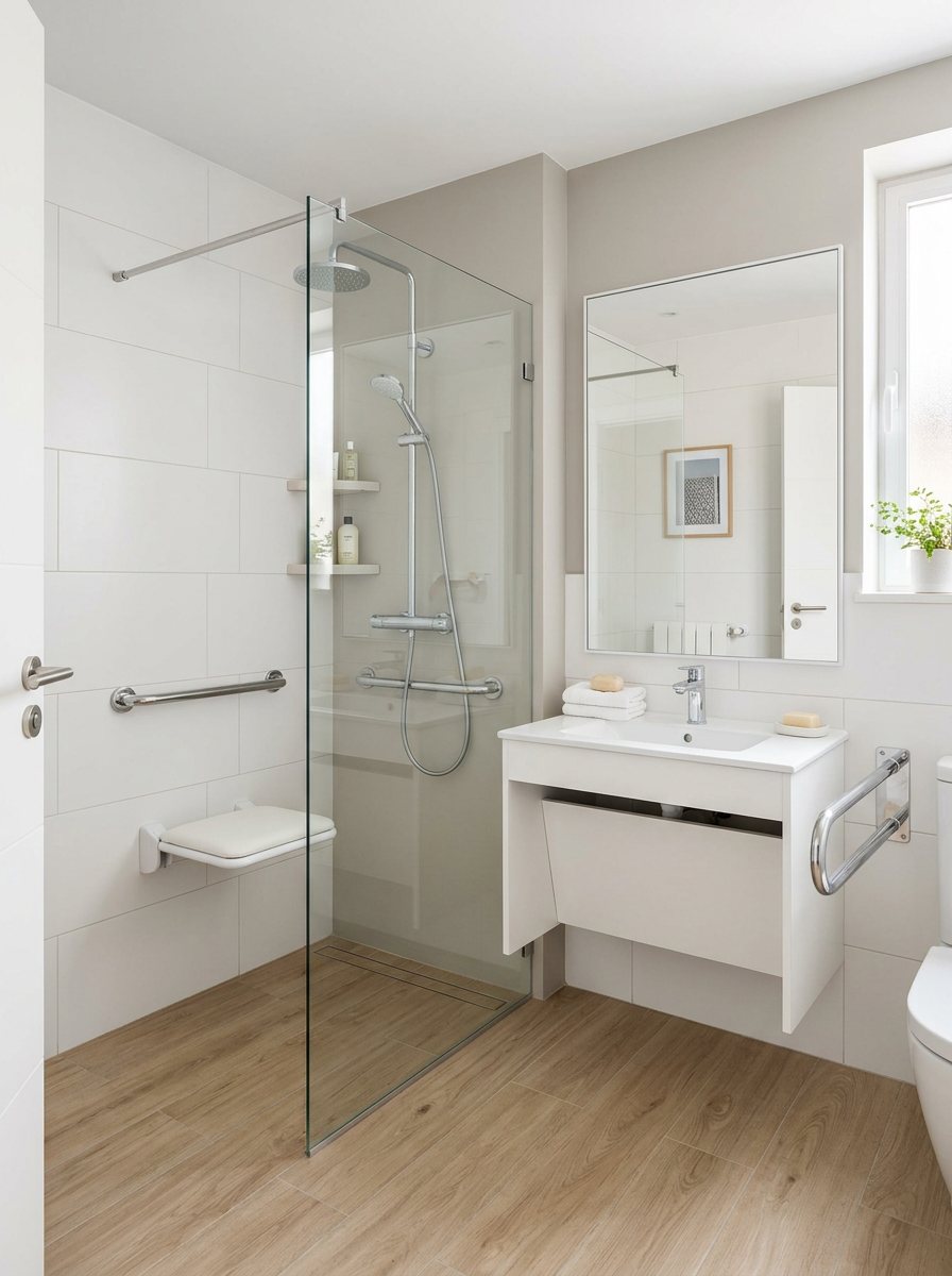 Baño adaptado con ducha a ras de suelo, asiento abatible y asideros