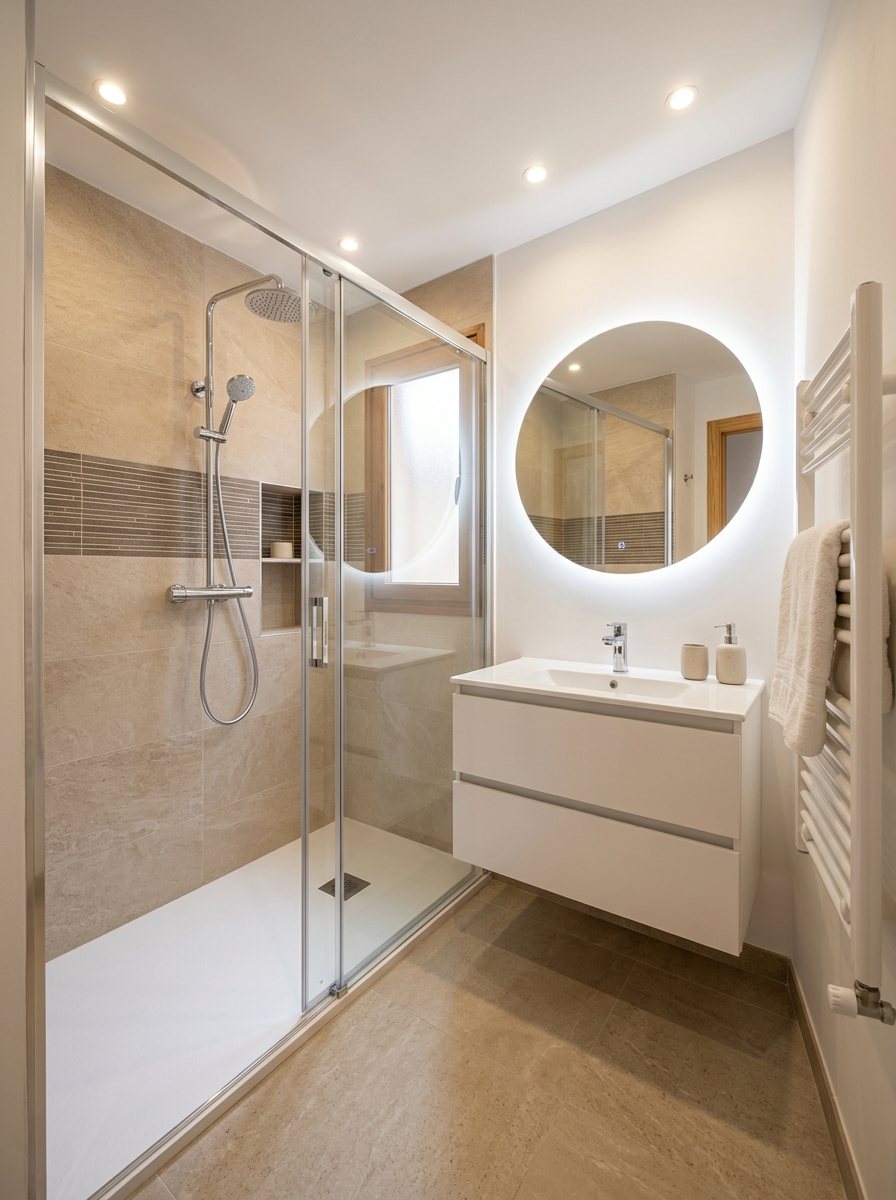 Baño reformado con ducha a ras de suelo y mampara de cristal