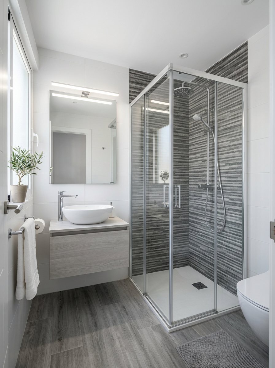 Baño con ducha de cristal y revestimiento de piedra gris