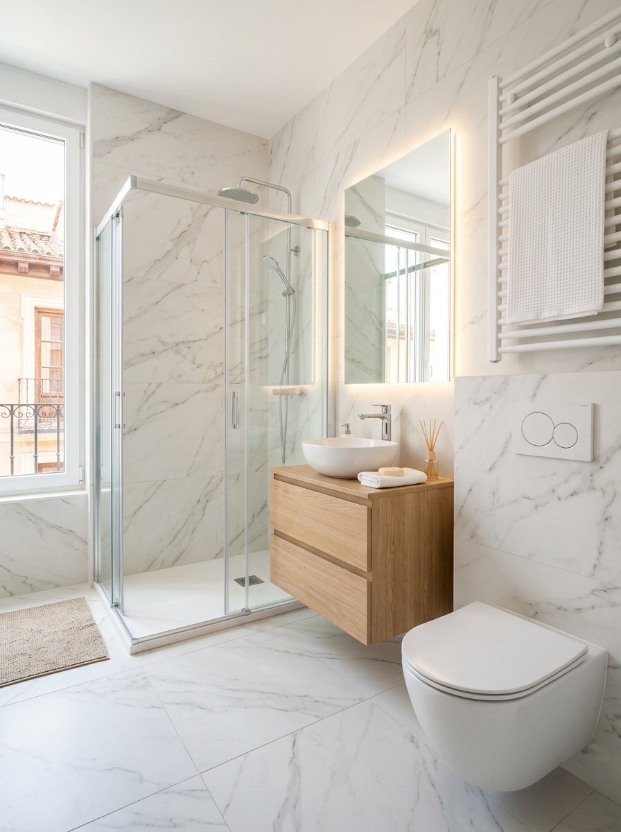 Baño con revestimiento efecto mármol