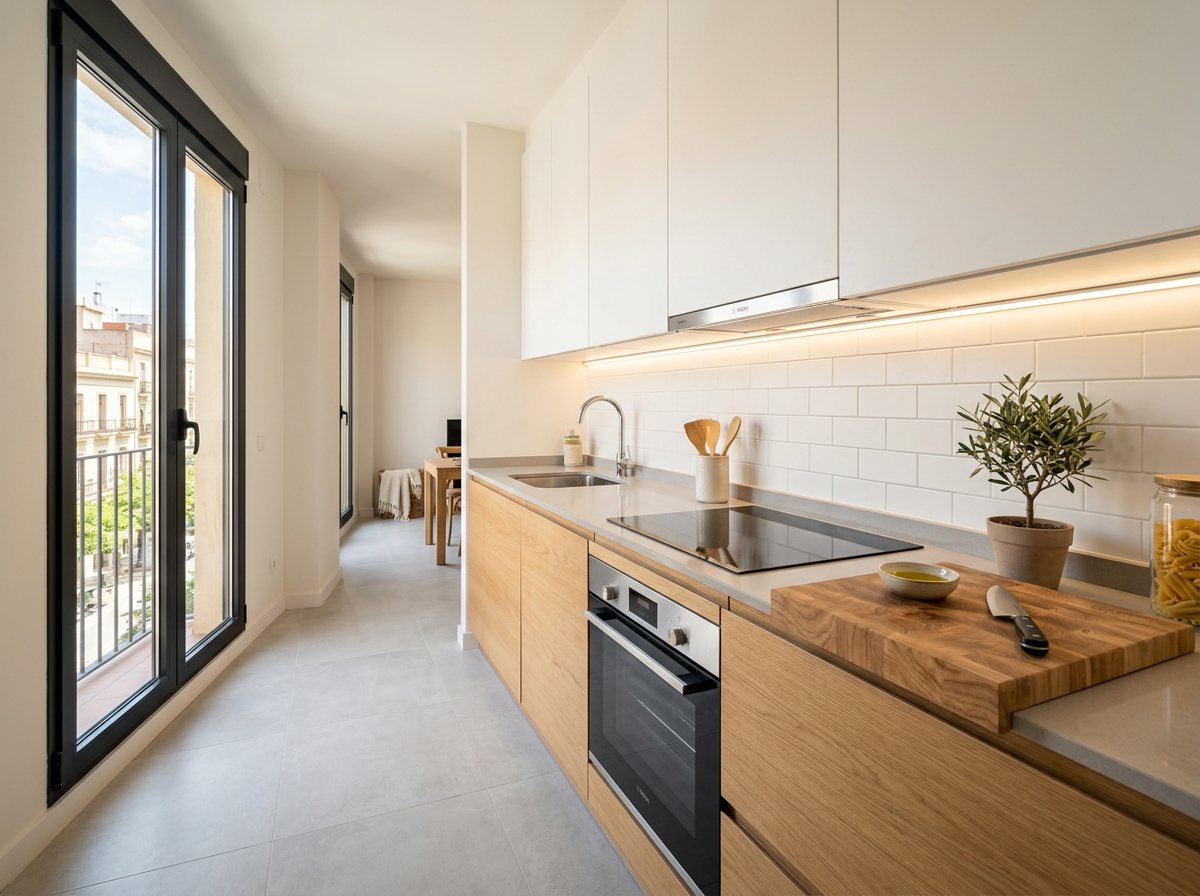 Cocina reformada con muebles blancos y frentes de roble